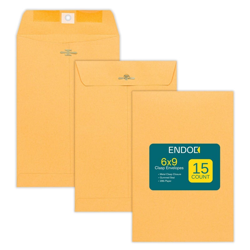 EnDoc Clasp Envelopes - 15 Pack Brown Kraft Catalog Envelopes 6x9 Inch with Clasp Closure & Gummed Seal - 28lb Heavyweight Paper Letter Envelopes for Home, Office, Mailing, Business, Legal or School - Image 1